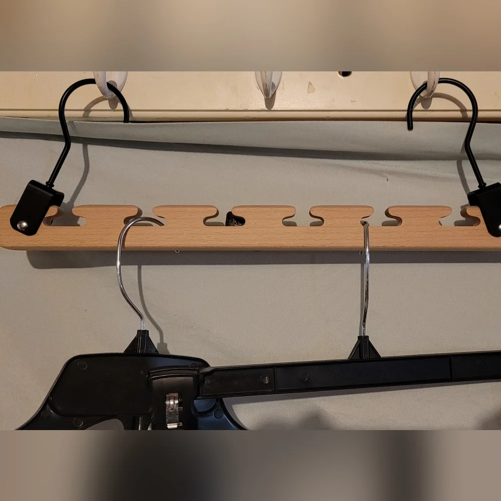 Natural Wood Space Saver Rack Hanger with Black Hooks, For Hangers Or Ties